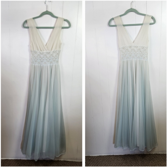 Vintage Dresses & Skirts - Vintage Blue Nylon Maxi Nightgown Lingerie Dress Lace Deep VNeck Small Fairycore